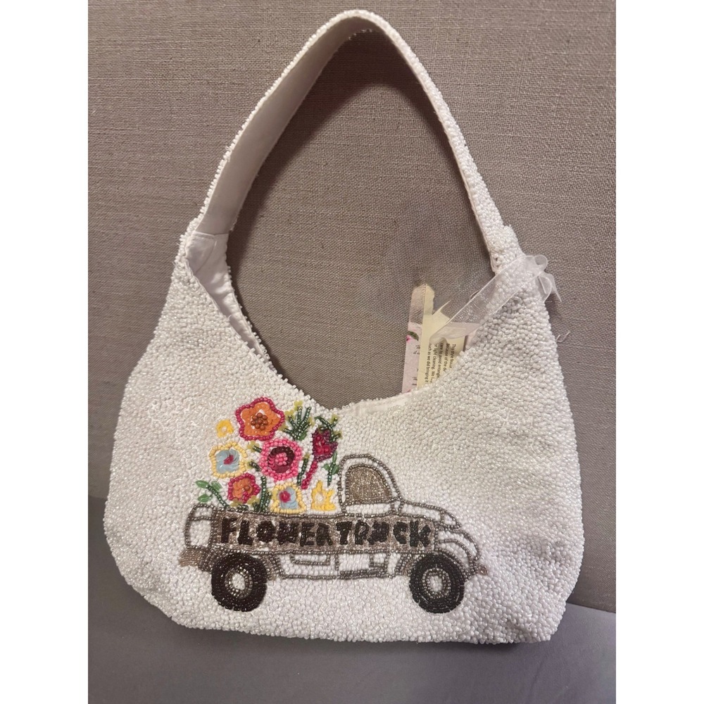 Beaded Bag Purse Flower Truck Floral White Shoulder‎ Bag India NWT